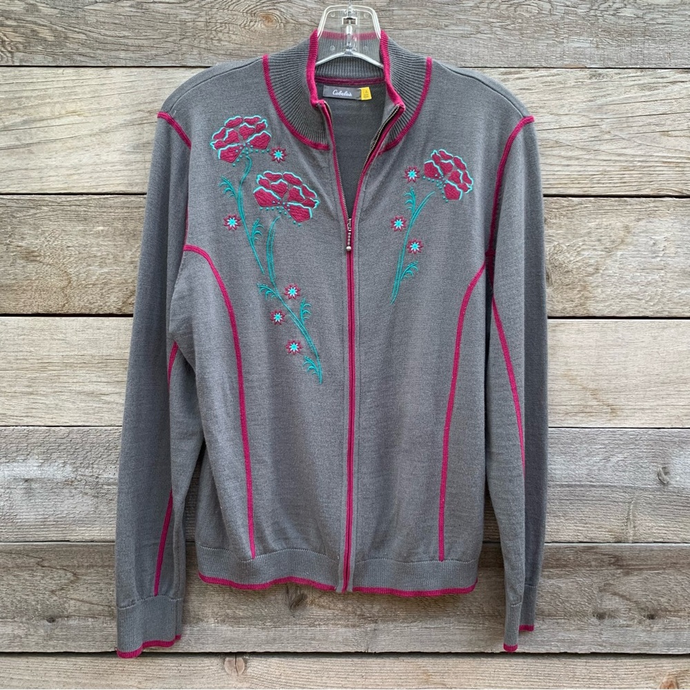 Vtg Y2K Cabelas Cardigan Sweater Womens L Merino Wool Embroidered Full Zip